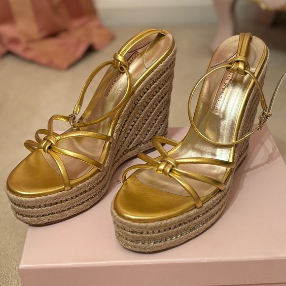 NWB Sophia Webster Alina Gold Espadrille Open Wedge Platform Heel Shoes Crystal - Picture 5 of 10